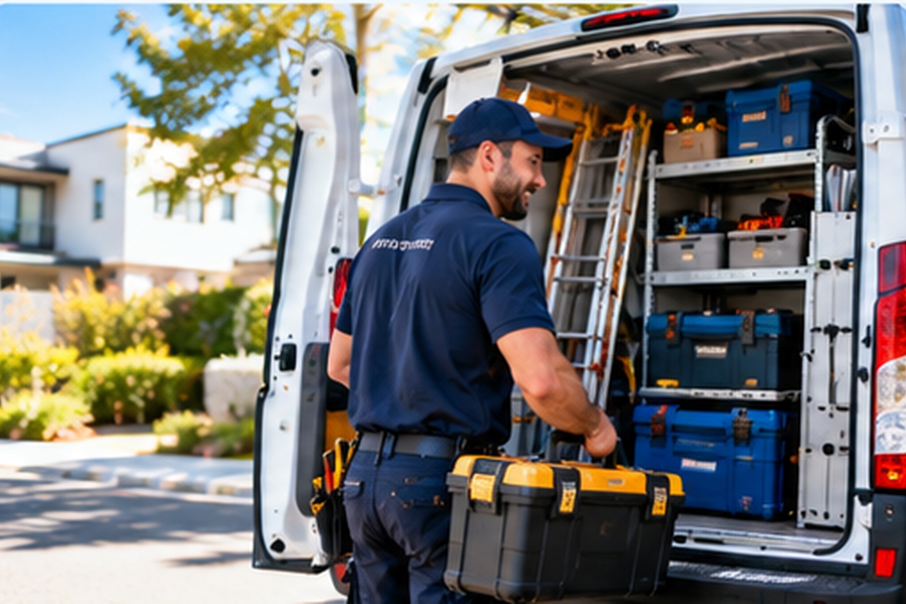 Trades professional working with a customer beside a service vehicle