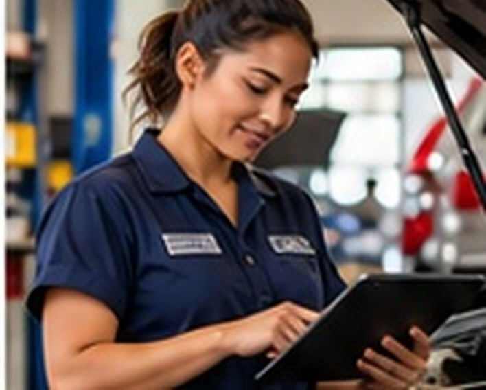Customer and automotive service professional in a workshop