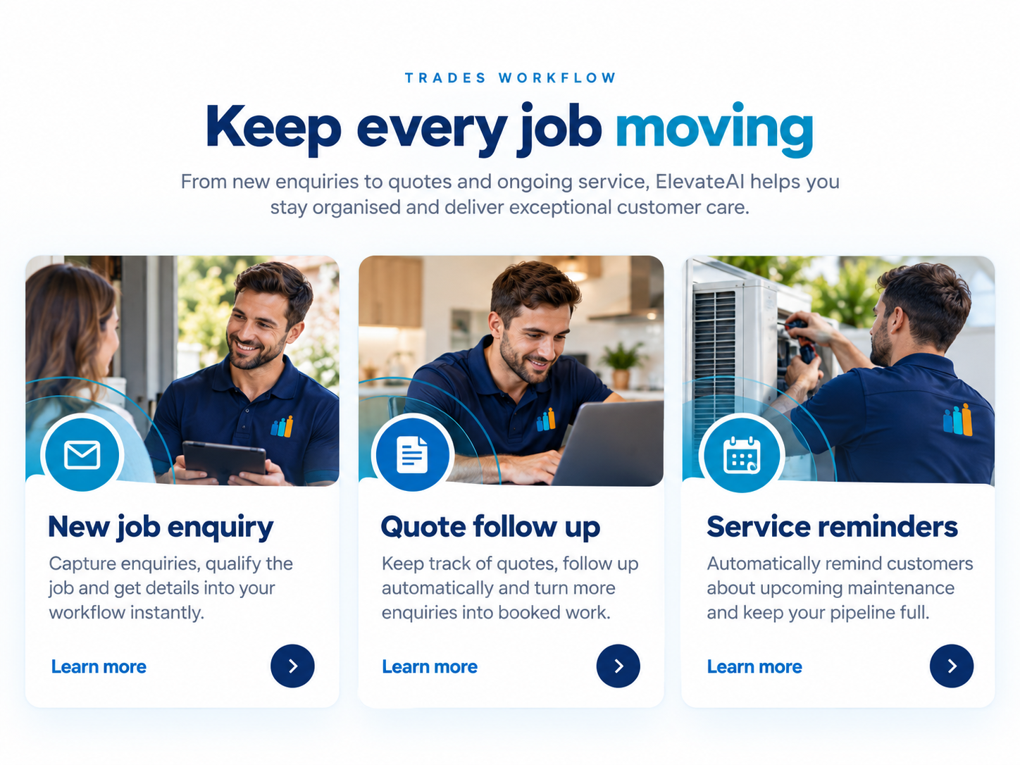 Trades workflow: new job enquiry, quote follow up and service reminders